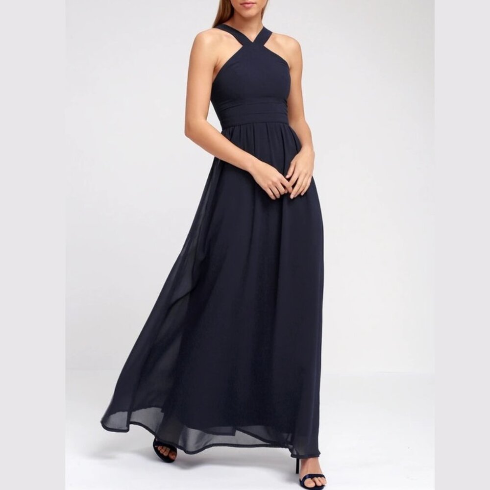 LULUS Air of Romance Navy Blue Maxi Dress, Size Medium
